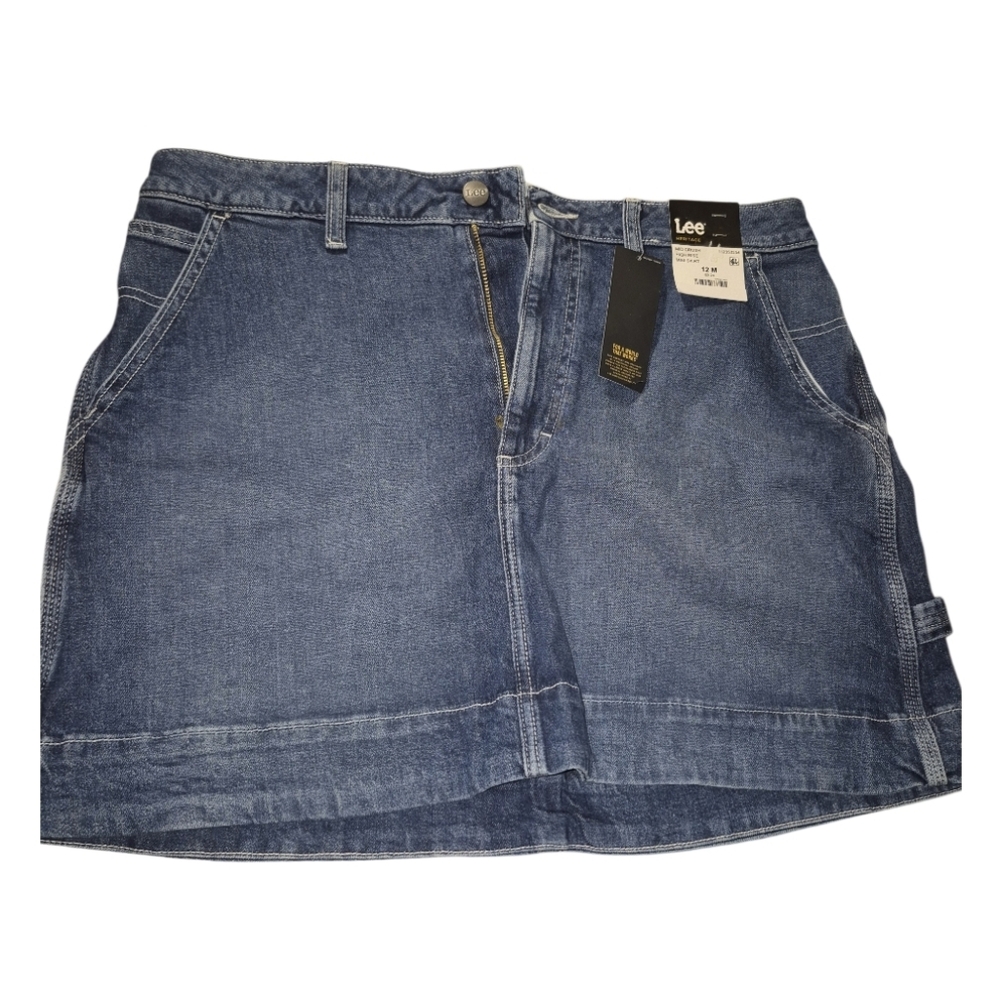 Lee Heritage High Rise Mid Crush Denim Skirt in Medium Blue Mini Skirt